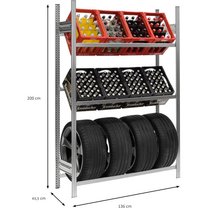 Стійка для ящиків для напоїв та шин PROREGAL CHIEMSEE TIRE, виготовлена в Німеччині ВxШxГ 200x136x43,5 см 6 ящиків 4 шини Оцинкована Стійка для ящиків для напоїв, підставка для шин, гаражна стійка, підвальна стійка для 6 ящиків та 4 шин (широка), оцинкова