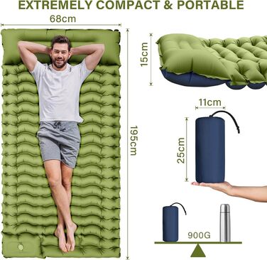 Килимок для сну в кемпінгу, надувний матрац для кемпінгу з ножним насосом та подушкою, компактний та легкий надувний матрац для походів та пляжу Green-1
