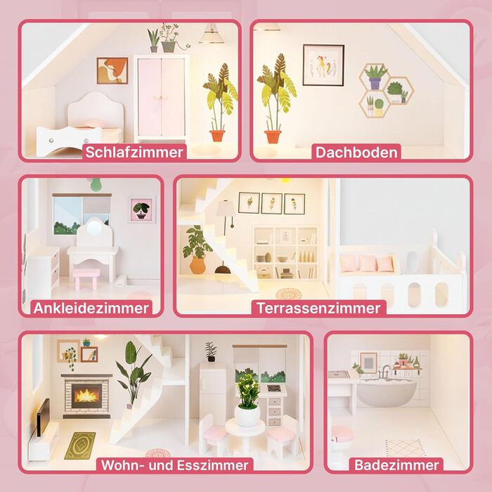 Дерев&39яний ляльковий будиночок Барбі, великий 118 см Kinderplay 3-поверховий ляльковий будиночок для дітей з меблями, світлодіодними лампами, наклейками та аксесуарами сучасний дерев&39яний ігровий будиночок, подарунок для дітей віком від 3 років, білий