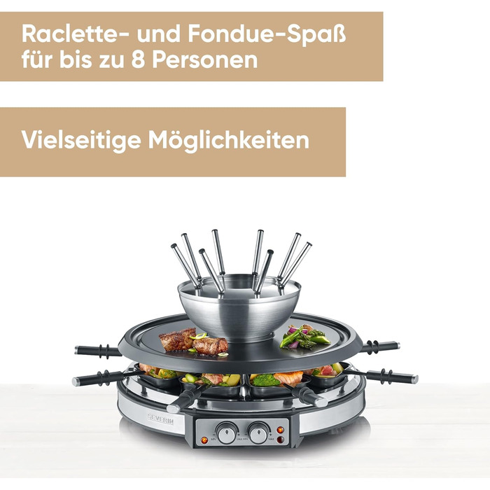 Комбінація SEVERIN Raclette-fondu, 1900 Вт, раклет на 8 осіб з каменем для гриля, комбінація раклету і фондю 2 в 1 з 8 сковородами, скребками і виделками для фондю, RG 2348