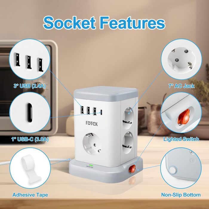 В 1 багаторазова розетка з USB, 7-контактний подовжувач живлення із захистом від перенапруги з 3 USB A та 1 USB C, багаторазова вилка з вимикачем, куб розетки з кабелем 2M, розподільна розетка USB C, 11