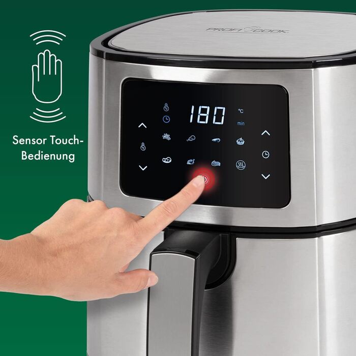 Фритюрниця ProfiCook Фритюрниця 1400 Вт Гаряче повітря 5,5 л Місткість XXL Без масла та жиру Фритюрниця Світлодіодний сенсорний екран 7 Програми Нержавіюча сталь для картоплі фрі, нагетсів і багато іншого. PC-FR 1239 H