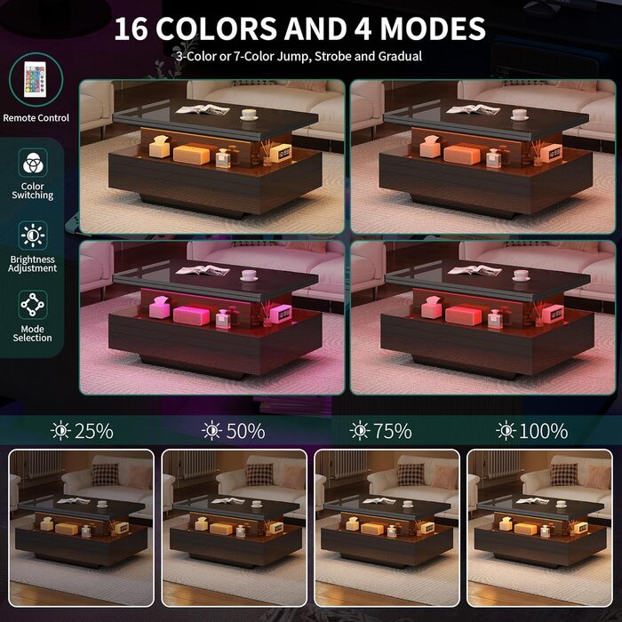 Журнальний столик з регульованою висотою, глянцевий стіл для вітальні з 2 шухлядами та світлодіодним освітленням, журнальні столики з прихованим відділенням для зберігання, трансформується в обідній стіл, чорний