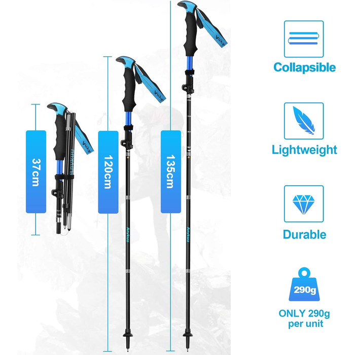 Палиці для скандинавської ходьби Anykuu, складні, 110-130 см, телескопічні, протиударні, з сумкою для перенесення, сині