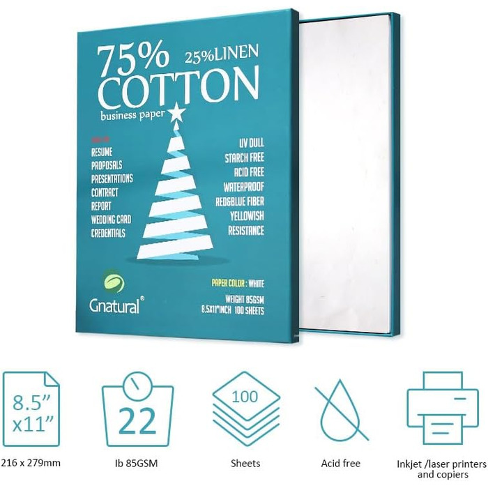 Бавовна, 25 лляний папір, 85 г/м, папір для лазерного друку, формат A4, білий, 100 аркушів водонепроникний бавовняний папір, 75