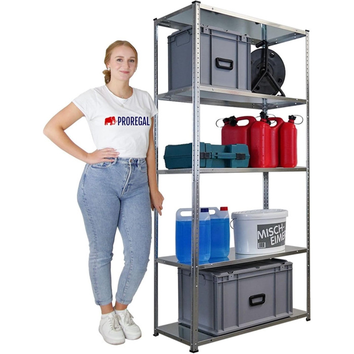Безригельний стелаж PROREGAL Haldor з металевими полицями, 180 x 90 x 40 см (В x Ш x Г), 5 рівнів, вантажопідйомність полиць 100 кг, оцинкована сталь, металевий стелаж, кухонний стелаж, стелаж для підвалу, стелаж для гаража, стелаж для зберігання, 180 x 9