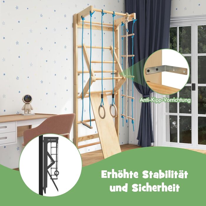 Скалодром COSTWAY, для дітей та дорослих, дерев&39яна гімнастична стінка, лазілка для приміщень, вкл. турнік/кільця/трапецію/мотузкові сходи/канат, вантажопідйомність до 100 кг, 220 x 80 x 60 см