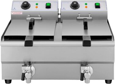 Подвійна фритюрниця з нержавіючої сталі Royal Catering RCEF 10DB (2 x 3,000 Вт, ємність 2 x 10 л, діапазон температур 50-200 C, холодна зона, зі зливними кранами)