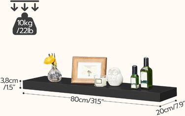 Настінна полиця HOOBRO, плаваюча полиця, 2 шт., міцні настінні полиці, підвісні полиці 80 x 20 x 3,8 см, з невидимими кронштейнами, для ванної кімнати, спальні, кухні, офісу, вітальні, чорна EBK80BJP201 Чорний 80 см
