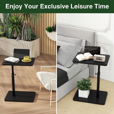 Журнальний столик IBUYKE C-подібної форми, обертовий на 360 та регульований по висоті, для вузьких приміщень, з відсіком для телефону та планшета, для вітальні, спальні, чорний TVT003B Стандарт - Без нахилу Чорний