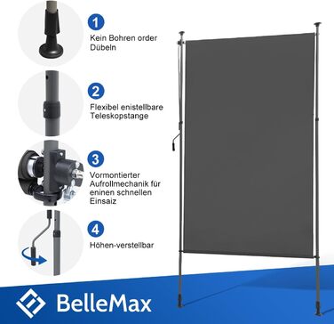 Вертикальний тент BelleMax для балкону, для зовнішнього використання, не потребує свердління, 200x310 см, вертикальний тент з кривошипом, тент для тераси, екран для забезпечення конфіденційності, захист від сонця, вітрозахисний та водонепроникний, темно-с