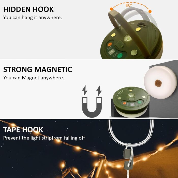 Кемпінгові гірлянди, висувні, портативні акумуляторні світлодіодні гірлянди 3-в-1 з 8 режимами освітлення, водонепроникний кемпінговий ліхтарик для кемпінгу, подвір&39я та походів, USB 1800 мАг, теплий білий RGB, 10 м