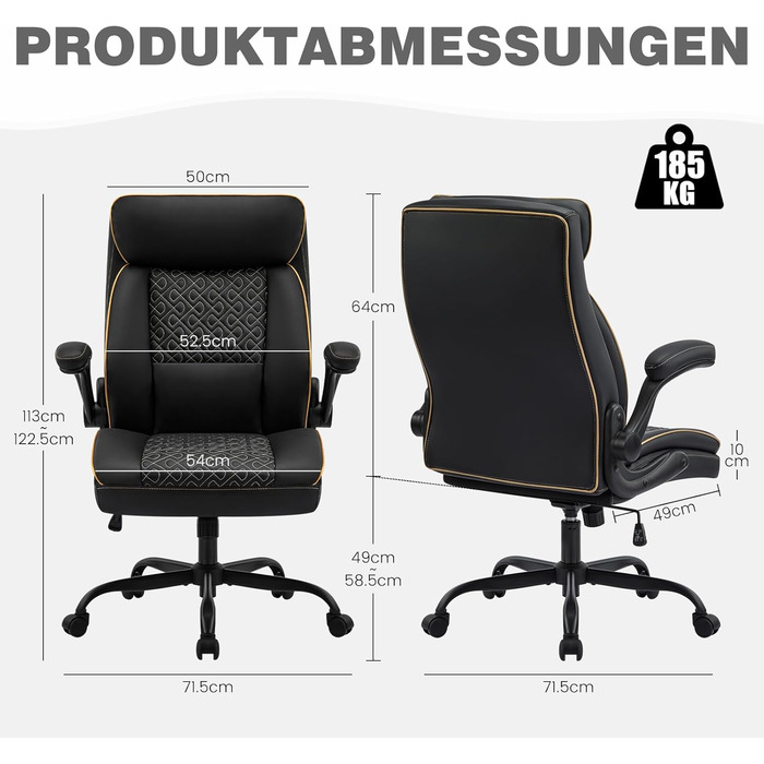 Офісне крісло для керівника Hellove, вантажопідйомність 185 кг, ергономічне робоче крісло зі штучної шкіри з регульованою спинкою та складними підлокітниками, обертове крісло з підголівником, комп&39ютерне крісло, крісло для домашнього офісу, чорне
