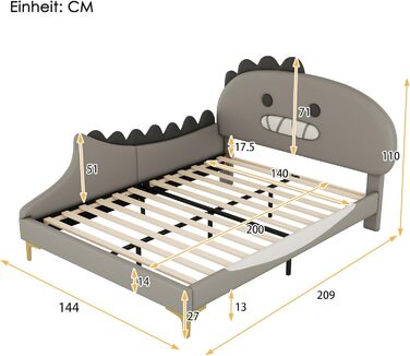 Ліжко 140x200 з рейковою основою, дитяче двоспальне ліжко, форма динозавра, каркас ліжка, молодіжне ліжко, ліжко для хлопчиків та дівчаток, ПУ, без матраца, 140 x 200 см, сірий