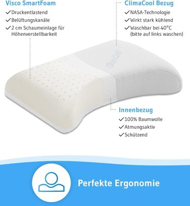 Охолоджувальна подушка VITALice Регульована по висоті подушка для шиї з піни з ефектом пам&39яті з чохлом ClimaCool Класна ергономічна подушка для сну на боці, дихаюча, ергономічна, 56x36x9,5/11,5 см