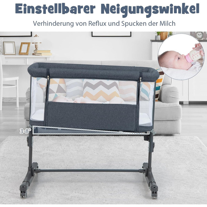 Ліжечко DREAMADE 2-в-1 Side-by-Side, дорожнє ліжечко з регульованою висотою на 5 рівнях з матрацом та колесами, колиска 86 x 63 см для дітей від народження до 9 кг, дитяче ліжечко з кутом нахилу 10 (модель 2 - темно-сірий)