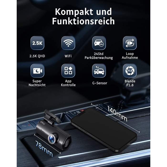 Відеореєстратор автомобільний передній, 2.5K 1600P WiFi автомобільна камера 170 ширококутна міні передня камера для автомобілів, W