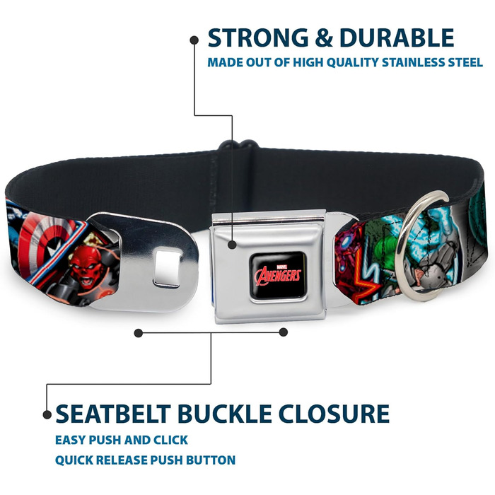 Нашийник для собак Buckle-Down AVD Marvel Avengers, багатокольоровий, розмір L (15-26 дюймів, ширина 2.5 см)