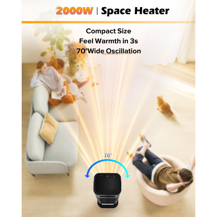 Енергозберігаючий вентилятор-обігрівач, керамічний вентилятор-обігрівач PTC потужністю 2000 Вт, кімнатний обігрівач з термостатом, дистанційним керуванням, коливаннями 70, таймером 12 годин, захистом від перегріву та перекидання, електричний обігрівач для