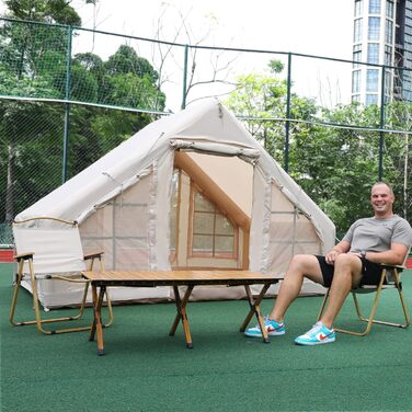 Надувний кемпінговий намет з насосом, надувний намет Oxford 420D для кемпінгу, водонепроникний до 3000 мм, вітрозахисний намет-кабінка на 4 сезони з сітчастими вікнами, розрахований на 3-4 особи, з каміном / 300 x 200 x 200 см