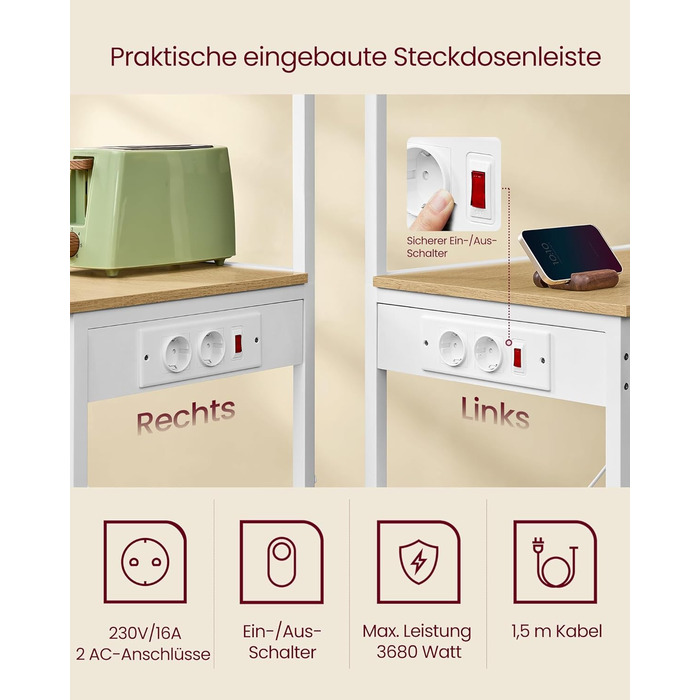 Кухонна полиця VASAGLE з розетками, окремостояча полиця, полиця для мікрохвильової печі, 4 рівні та 8 S-подібних гачків, регульована полиця, тримач для кухонних пакувальних машин, 40 x 60 x 140 см, Золотий дуб-хмарно білий KKS014Y02 60B см Золотий дуб мат