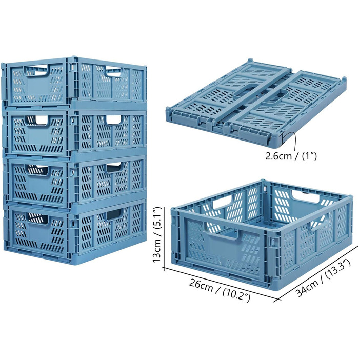 Складані пластикові коробки для зберігання Gunolye з 4 предметів, міцні, складані пластикові кошики, штабелювані пластикові транспортні коробки, спальня, офіс, 34 x 26 синього кольору