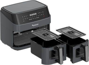 Гаряча аерофритюрниця XXL Подвійна фритюрниця 1600 Вт / 9 л (2 шт. 4.5 л камера) 10 програм Цифрова фритюрниця без жирного масла Подвійна аерофритюрниця Фритюрниця Power Grey