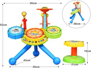 Барабан іграшковий музичний інструмент для малюків, електронний барабанний набір з 2 барабанними паличками, ліхтарем-спалахом і мікрофоном, ідея подарунка для дітей віком від 3 років, барабанна установка з сидінням на табуретці