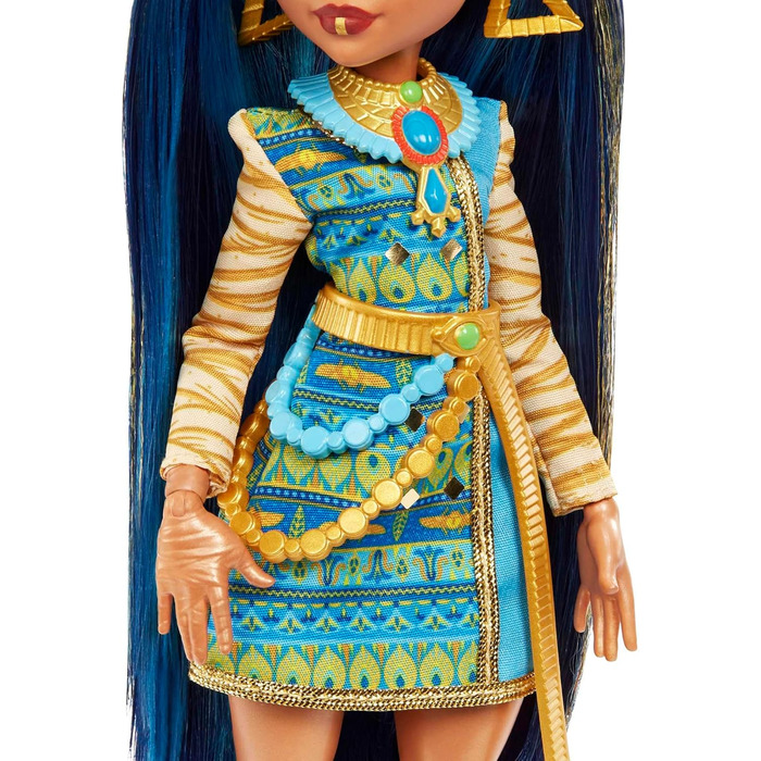 Лялька Monster High Cleo de Nile, Модна лялька-мумія, Королівський костюм, Чоботи-вбивці, Рюкзак-піраміда, Аксесуари, для дітей віком від 4 років, HHK54