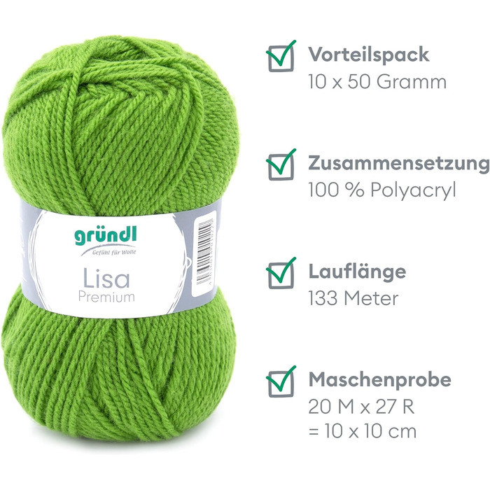 Пряжа Grndl Lisa Premium Uni Knitting & Crochet Yarn (м'яка і вовняний характер, проста в догляді миється трикотажна пряжа з 100 поліакрилу, 50 г/ 133 м, розмір голки 3,5 - 4,5, 10 клубків по 50 г кожен), (травневий зелений)