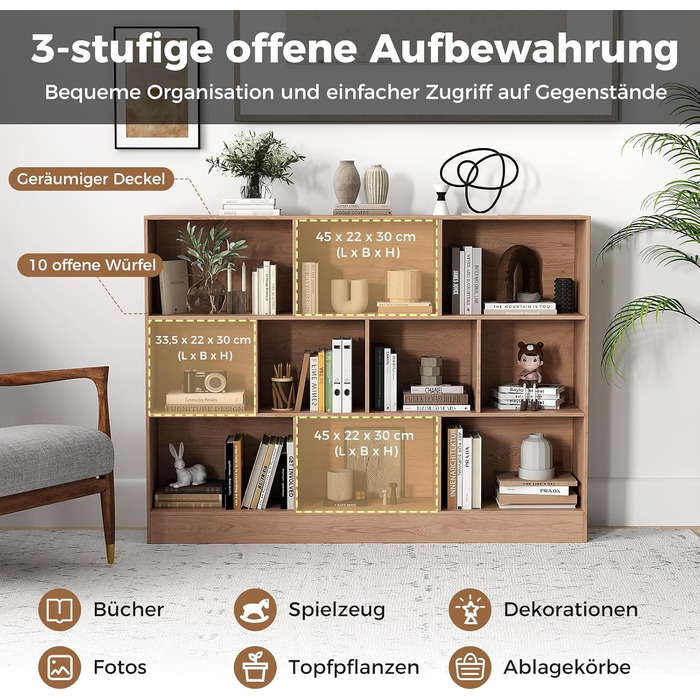 Книжкова полиця COSTWAY з 10 відділеннями, 3-рівнева окремостояча полиця, кубічна полиця, офісна полиця, полиця для зберігання речей для вітальні, спальні, кабінету, офісу, 140 x 24 x 104 см (натуральний колір) Натуральний 10 відділень (140 x 24 x 104 см)