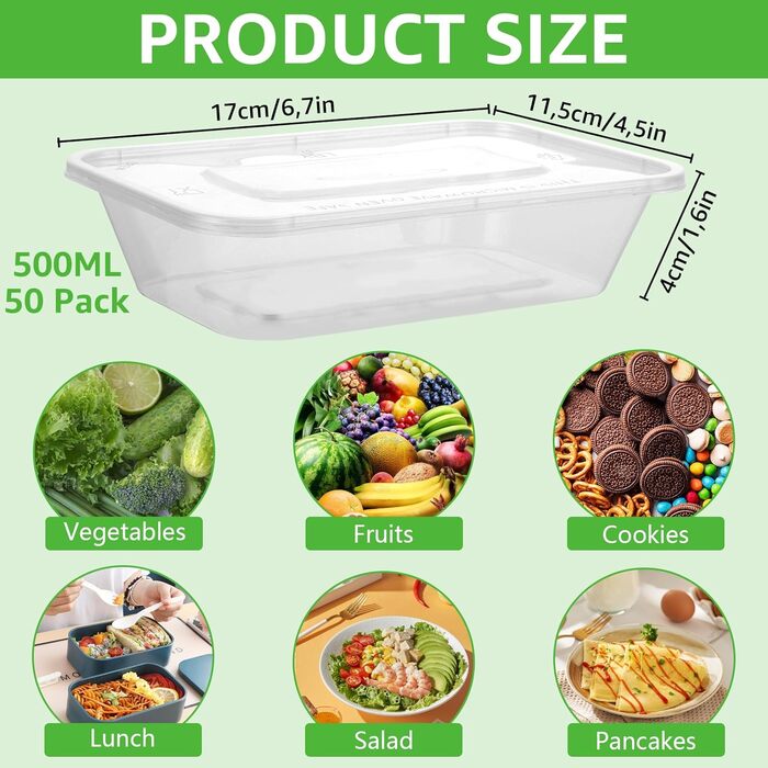 Набір із 50 предметів контейнерів для зберігання харчових продуктів об&39ємом 500 мл з кришками, світлонепроникні пластикові контейнери з кришками без бісфенолу А, пластикові коробки для зберігання овочів та фруктів, 50 предметів - 500 мл