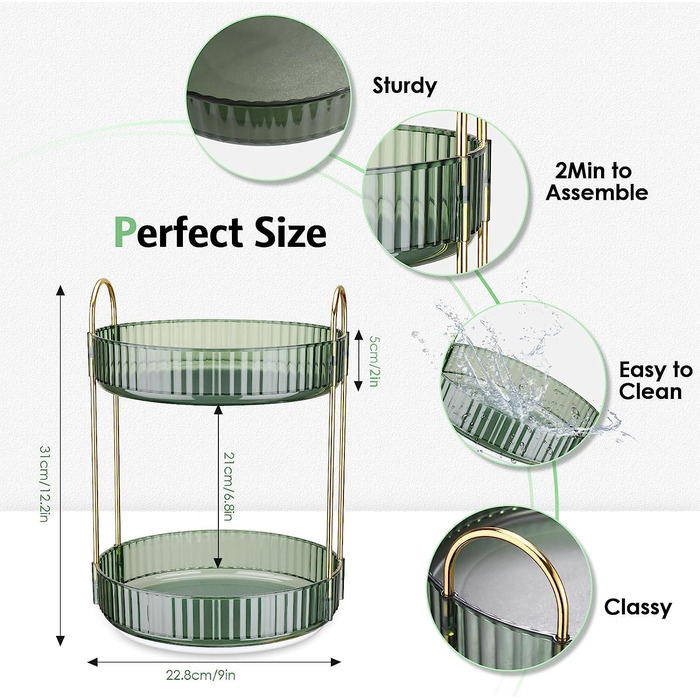 Органайзер для макіяжу Huiguli поворотний, органайзер для догляду за шкірою, органайзер для косметики 360, багатофункціональний органайзер для ванної кімнати, спальні, туалетний столик (золото, 3 ярус) зелений 2 ярус