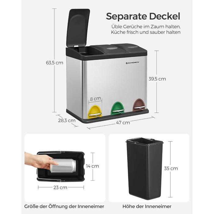 Відро для сміття кухонне, 3 x 8 л, невелика місткість, система розділення відходів 3 відділення, відро для сміття з кришкою, стале
