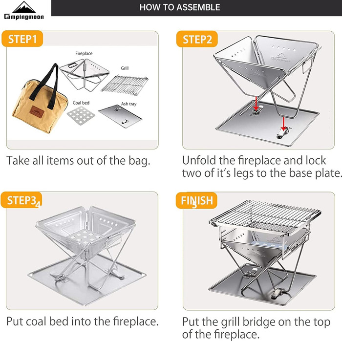 Портативний гриль Campingmoon, складне вогнище для вулиці, дров&39яна піч з нержавіючої сталі для 1-2 осіб з сумкою для перенесення X-MINI-PRO Міні-гриль на деревному вугіллі CM-X-MINI-PRO