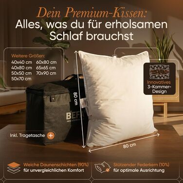 Пухові подушки BEFA NATUR 80x80 см (2 шт.) 3-камерні подушки 90 пух та 10 пера Вага наповнювача 1400 г кожна Гіпоалергенні (NOMITE) Сертифіковані для тварин (DOWNPASS) OEKO-TEX Клас 1 Зроблено в Німеччині 2 шт. 80x80 см
