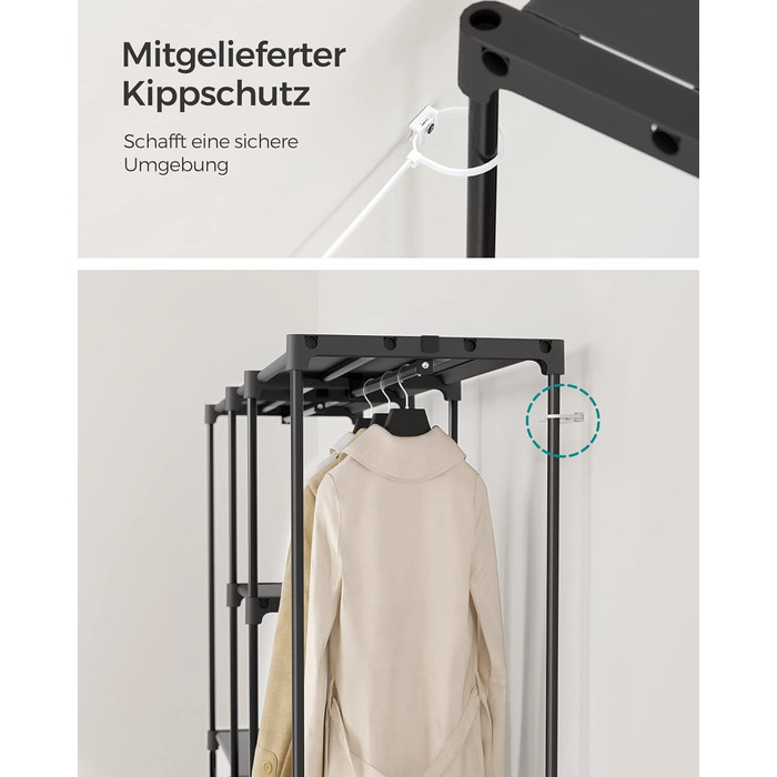 Шафа, Вішалка для одягу, Окремостояча шафа, з рейками для одягу, Вішалка для одягу, Тканинні полиці, Металевий каркас, 182 x 43 x 182 см, Чорнильно-чорний RYG037B02