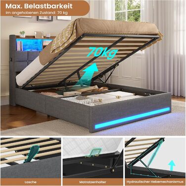 М&39яке ліжко 140200 см Гідравлічне ліжко з відсіком для зберігання речей та світлодіодним освітленням Дитяче ліжко з портами USB та Type-C Двоспальне ліжко Каркас ліжка з дерев&39яними ламелями, лляна тканина, без матраца (Темно-сірий, 140x200 см) 140x20