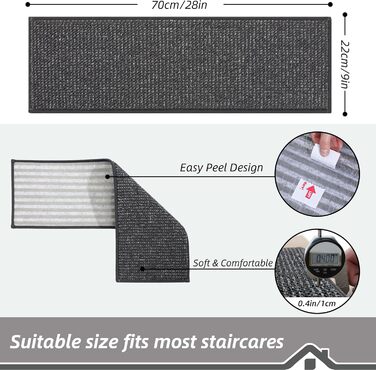 Сходинки BEQHAUSE для дерев&39яних сходів, 22,9 x 71,1 см, Килимові сходинки для використання в приміщенні, Можна прати в пральній машині, Доріжка для дітей, людей похилого віку та домашніх тварин, TPE-підкладка, 100 9&39 x 2&394&39 (прямокутні) темно-сір