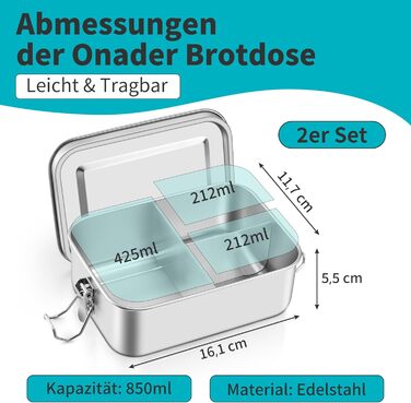 Набір металевих ланчбоксів Onader з роздільниками, 850 мл, 2 шт. Бенто-бокс для дітей та дорослих, герметичний, можна мити в посудомийній машині, 16,5 см