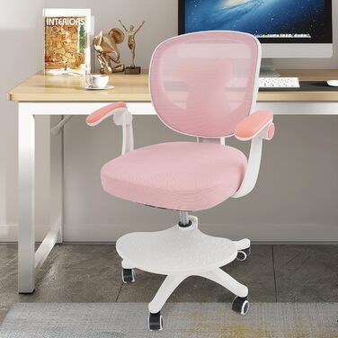 Дитячий офісний стілець для дітей віком від 6 років, регульований по висоті обертовий стілець, ергономічний офісний стілець з підлокітниками, спинкою та колесами, стілець для хлопчиків та дівчаток (рожевий)
