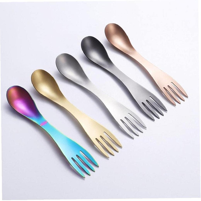 Набір із 5 виделок та ложок 2-в-1, портативний кухонний посуд із нержавіючої сталі для кемпінгу, подорожей, пікніків, офісу та використання на свіжому повітрі