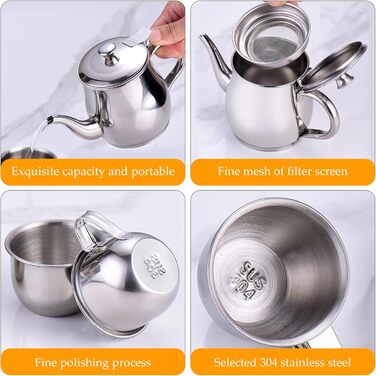 Дитячий чайний набір включає в себе портативний чайник з нержавіючої сталі обємом 330 мл з довгим носиком та фільтром, а також 4 чашки по 70 мл для чаювання вдома або в поході.