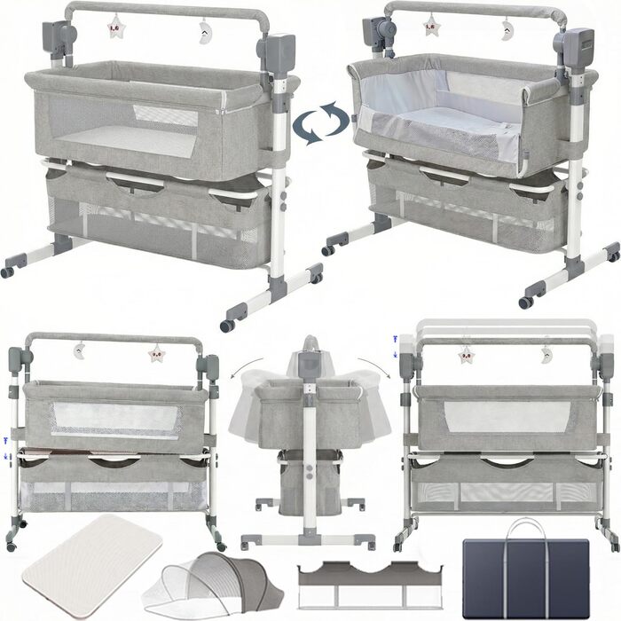 Складана дитяча тумбочка, багатофункціональне дитяче ліжко, дитяча колиска з регульованою висотою, дитяче дорожнє ліжечко з матрацом (601 світло-сірий)