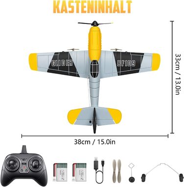 Канальний радіокерований літак BF-109, літак на дистанційному управлінні, готовий до польоту, 2,4 ГГц 6-осьовий гіроскопічний стабілізатор, легкий в управлінні для дітей та початківців, 3-канальний сірий, 39S WORK 3-