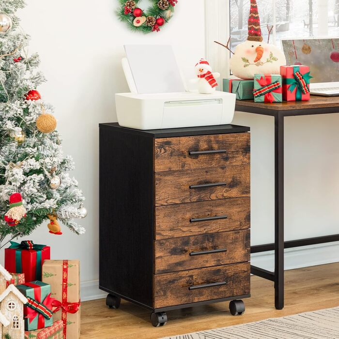 Шафа для документів HOOBRO, мобільна підставка з 5 шухлядами, дерев&39яна офісна шафа, комод для зберігання речей, індустріальний стиль, легке складання, сільський колір, темно-коричневий та чорний EBF05WJ01G1