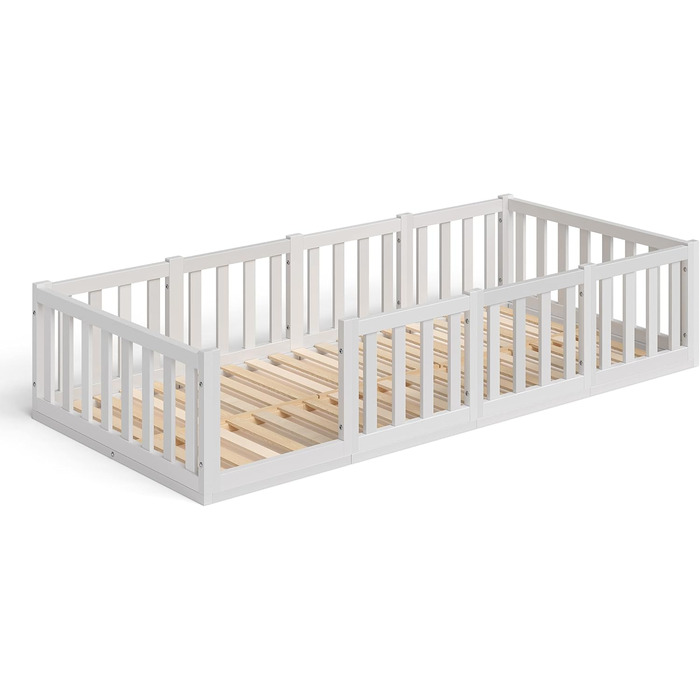 Ліжко Bellabino Tapi 90x200 см, дитяче ліжко із захистом від випадіння, включаючи рейкову раму, підлогове ліжко Монтессорі для хло