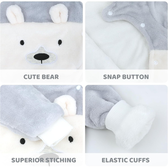 Зимовий комбінезон WYTbaby для малюків, фланелевий, зимовий, для хлопчиків та дівчаток 3-6 місяців, сірий