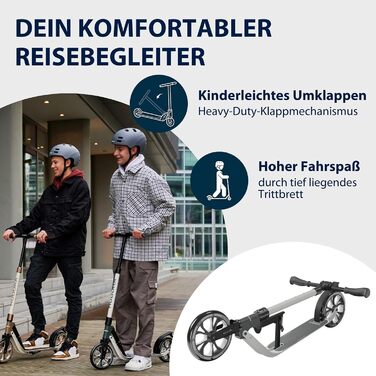 Самокат HUDORA BigWheel 205 Advanced комфортний алюмінієвий самокат до 100 кг, з регулюванням висоти та можливістю складання, для дітей, підлітків та дорослих, колір Ash
