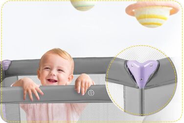 Дитяче ліжечко Ricokids з матрацом 125 x 65 x 78 см, дорожнє ліжечко, вагою до 15 кг, 2 колеса з гальмами, знімний бічний вхід, сумка для перенесення, складна, компактна, світло-сіра, лавандова